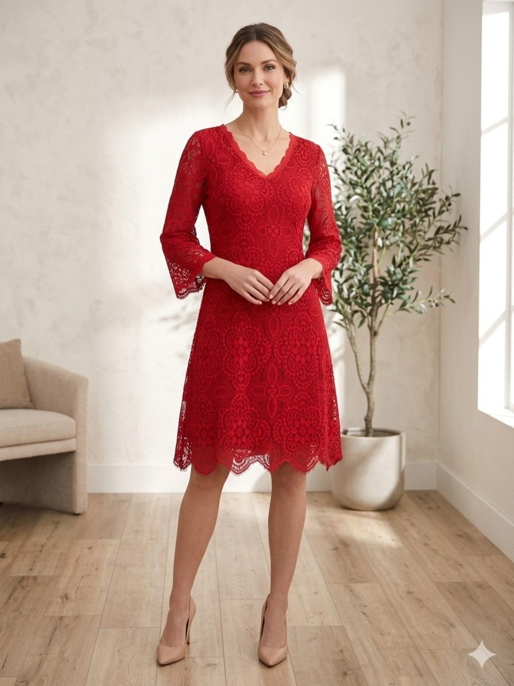 Always Indigo Scalloped Red Lace Midi Dress with V-Neck